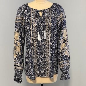 Savanna Jane Floral Embroidered Peasant Long Sleeve Blouse Navy and Tan SZM